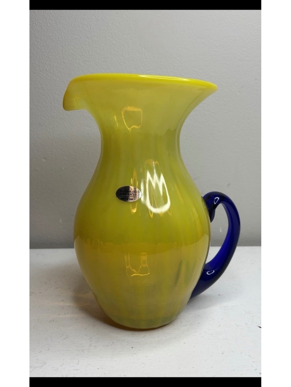 Blenko Citrine with Cobalt Blue Handle Large Pitcher